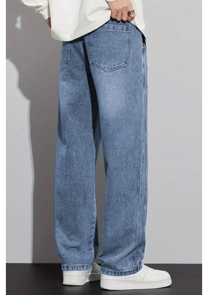 Erkek Mavi Baggy Beli Lastikli Likralı Düz Paça Bol Kesim Esnek Jean Denim Kot Pantolon RF0484 indirimleri