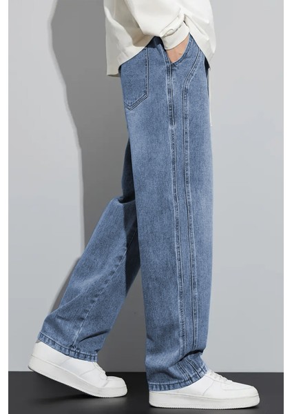 Erkek Mavi Baggy Beli Lastikli Likralı Düz Paça Bol Kesim Esnek Jean Denim Kot Pantolon