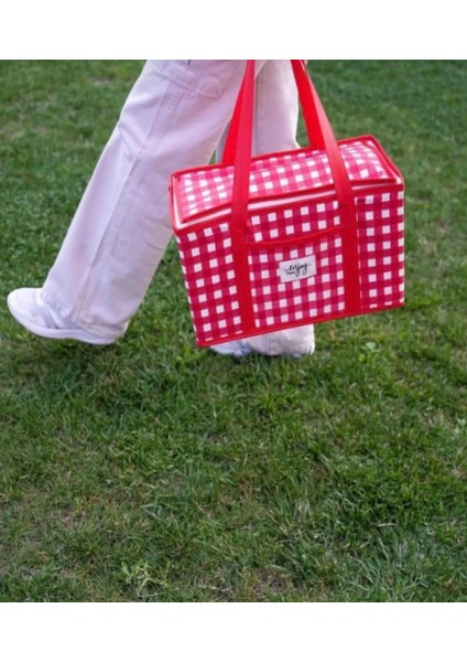 Büyük Boy Termo Lüks Kırmızı Piknik Çantası Yalıtımlı Plaj Çantası ve Kamp Çantası 35 x 20 x 20 cm