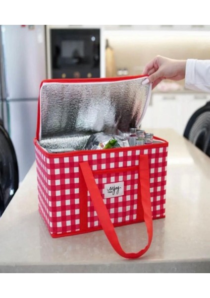 Büyük Boy Termo Lüks Kırmızı Piknik Çantası Yalıtımlı Plaj Çantası ve Kamp Çantası 35 x 20 x 20 cm fırsatları