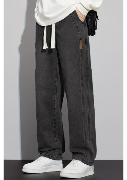 Erkek Antrasit Baggy Beli Lastikli Likralı Bol Kesim Esnek Jean Denim Kot Pantolon RF0484