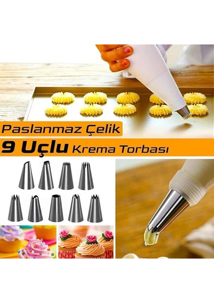 10 Parça Krema Sıkma Torbası Pasta Süsleme Seti | Çelik Uçlu Krema Torbası Kek Pasta Süsleme Seti