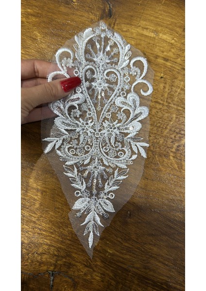 Boncuk Pul Payet Işleme Beyaz Güpür Aplike 23X10 cm