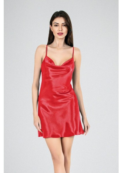 Kadın Ipek Saten Kırmızı Degaje Yaka Feminen Gecelik Sardena Sardenalingerie