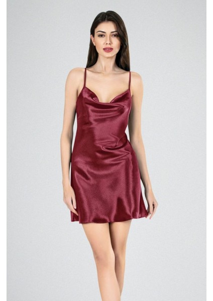 Kadın Ipek Saten Bordo Degaje Yaka Feminen Gecelik Sardena Sardenalingerie