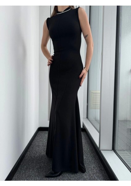 Kolsuz Yarım Bogazlı Uzun Elbise- Siyah modelleri