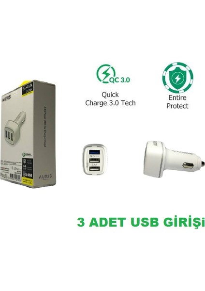 5.4A 3 Port USB Girişli Oto Çakmaklık Araç Şarjı Hızlı Şarj Cihazı 30W Beyaz