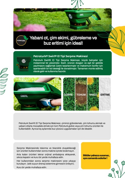 Swirl El Tipi Serpme Makinesi – Gübre, Tohum, Tuz, Kireç ve Çim Bakımı İçin Hassas ve Kolay Serpme, Ayarlanabilir Ayarlar, Hafif ve Taşınabilir, Küçük ve Orta Bahçeler İçin Uygun