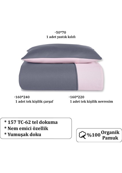 Organik Pamuk Akfil Çift Taraflı Nevresim Takımı Tek Kişilik 160 x 220 cm Antrasit Pudra indirimleri