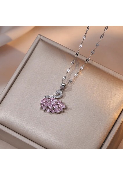 Pembe Zirkon Taşlı Çelik Kuğu Kolye