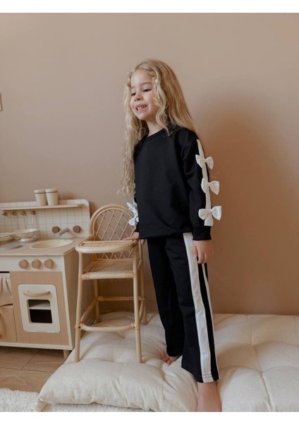 Fiyonk Desenli Eşofman-Sweatshirt 2 Iplik Mevsimlik Kız Çocuk Takım