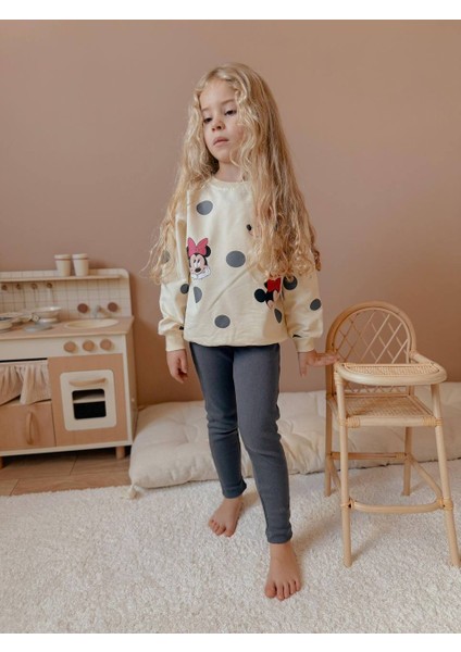 Minnie Mouse Puantiye Desenli Tayt-Sweatshirt 2 Iplik Mevsimlik Kız Çocuk Takım