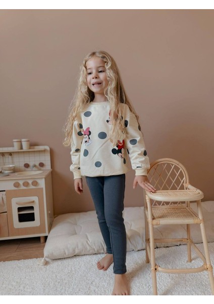 Minnie Mouse Puantiye Desenli Tayt-Sweatshirt 2 Iplik Mevsimlik Kız Çocuk Takım