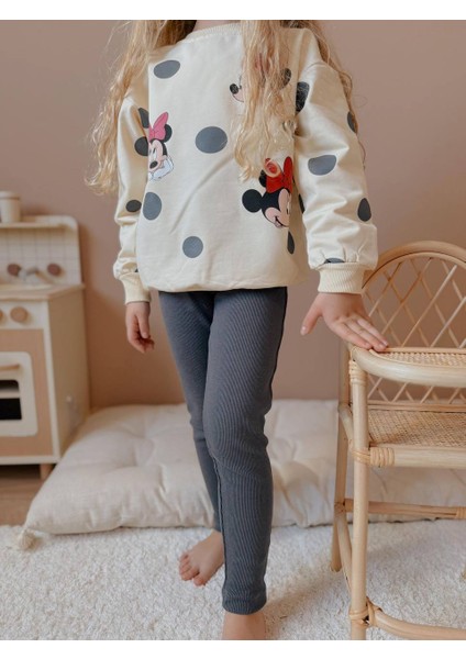 Minnie Mouse Puantiye Desenli Tayt-Sweatshirt 2 Iplik Mevsimlik Kız Çocuk Takım