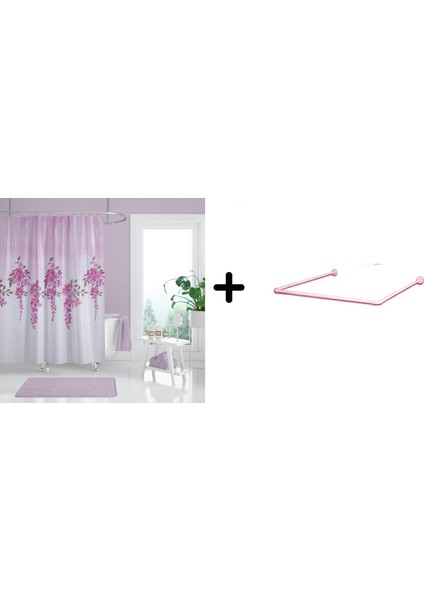 Banyo Perdesi 7359 1X180X200, Perde Borusu Askı Aparatı Köşe Boru Pembe Hediyeli, Duş Perdesi Seti