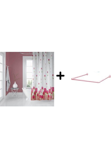 Banyo Perdesi 7017 1X180X200, Perde Borusu Askı Aparatı Köşe Boru Pembe Hediyeli, Duş Perdesi Seti