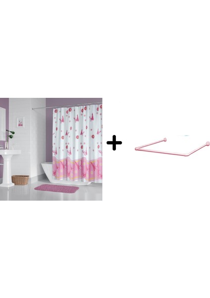 Banyo Perdesi 6020 1X180X200, Perde Borusu Askı Aparatı Köşe Boru Pembe Hediyeli, Duş Perdesi Seti