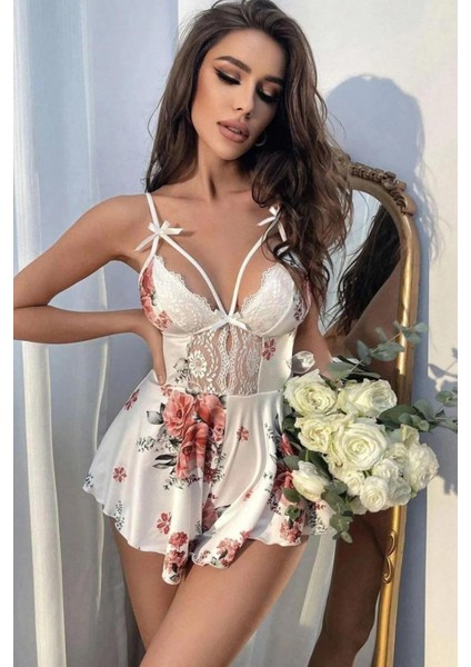 Mikro Üstüne Çiçek Baskılı Dantelli Babydoll Gecelik Takım