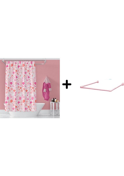 Banyo Perdesi 6811 1X180X200, Perde Borusu Askı Aparatı Köşe Boru Pembe Hediyeli, Duş Perdesi Seti