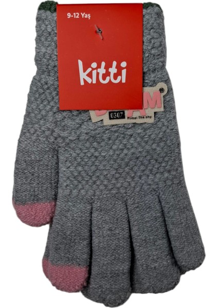 Spteks Kitti 9-12 Yaş Kız Çocuk Gri Renk Amblemli Kışlık Örme Eldiven