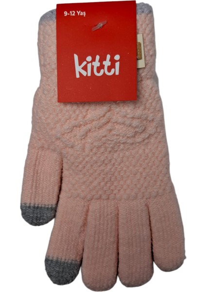 Spteks Kitti 9-12 Yaş Kız Çocuk Açık Pembe Amblemli Kışlık Örme Eldiven