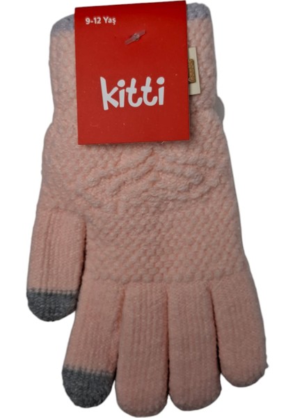 Spteks Kitti 9-12 Yaş Kız Çocuk Açık Pembe Amblemli Kışlık Örme Eldiven