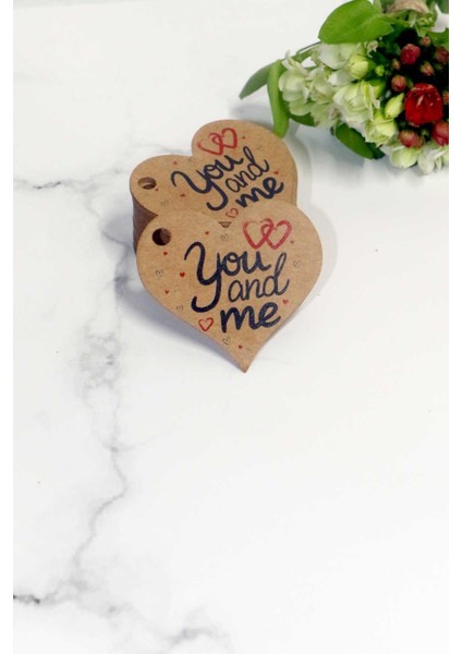 Sevgililer Günü Etiketi - You And Me Baskılı 50 Adet Kraft Kalp Etiket (4,5 Cm)