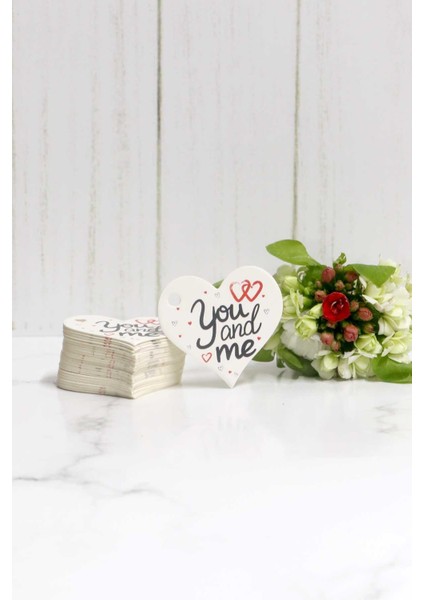 Sevgililer Günü Etiketi - You And Me Baskılı 50 Adet Kalp Etiket (4,5 Cm)