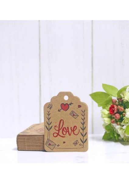 Sevgililer Günü Etiketi - Love Baskılı 50 Adet Kraft Kart (4,5 x 6 cm )