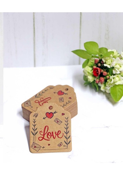 Sevgililer Günü Etiketi - Love Baskılı 50 Adet Kraft Kart (4,5 x 6 cm )