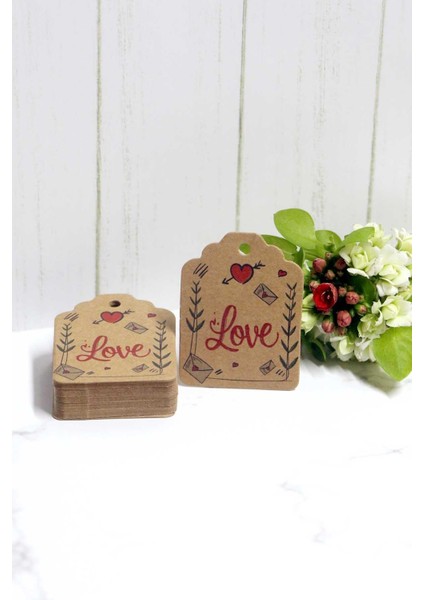 Sevgililer Günü Etiketi - Love Baskılı 50 Adet Kraft Kart (4,5 x 6 cm )