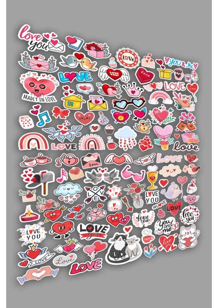 Love Temalı Etiket Set - 100 Adet Sevgi Kalp Figürlü Sticker -Sevgililer Günü Etiketi