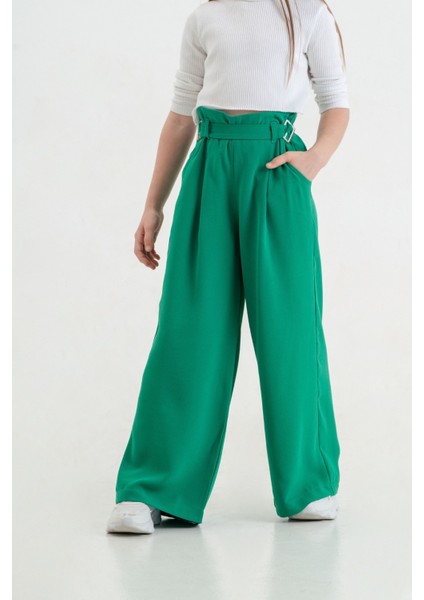 Kız Çocuk Tokalı Kemerli Keten Pantolon G2545