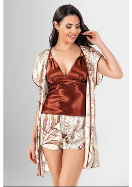 Kadın Ipek Saten 3 Parça Sabahlıklı Şortlu Ipek Saten Takımı Sardena Sardenalingerie modelleri