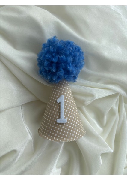 1yaş Doğum Günü Şapkası Mavi Ponponlu - Kukuleta