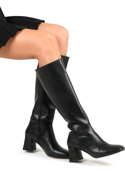 Kadın Fermuar Detay Diz Altı Topuklu Çizme