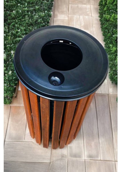 Kapaklı Ahşap Kaplamalı Metal Dış Mekan Bahçe Çöp Kovası-Kapıönü