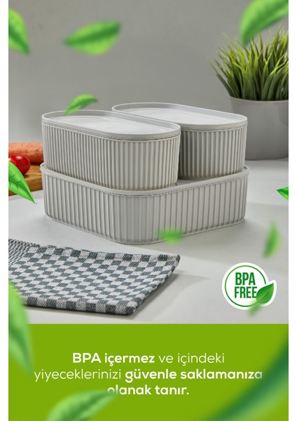 3 Adet Elastik Bantlı Istiflenebilir Pratik Saklama Kabı Seti 2X(1100 Ml) 1X(2600 Ml) Gri