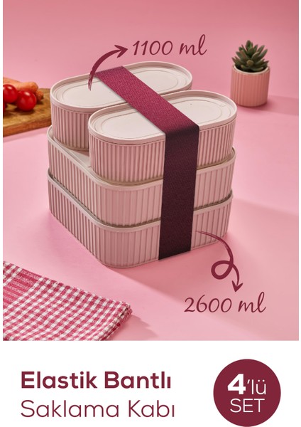 4 Adet Elastik Bantlı Istiflenebilir Pratik Saklama Kabı Seti 2X(1100 Ml) 2X(2600 Ml) Pembe