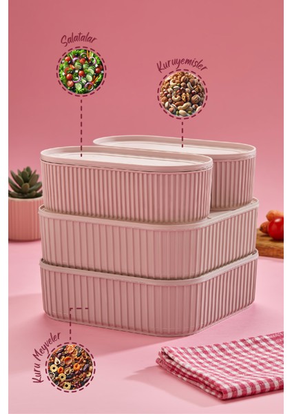 4 Adet Elastik Bantlı Istiflenebilir Pratik Saklama Kabı Seti 2X(1100 Ml) 2X(2600 Ml) Pembe