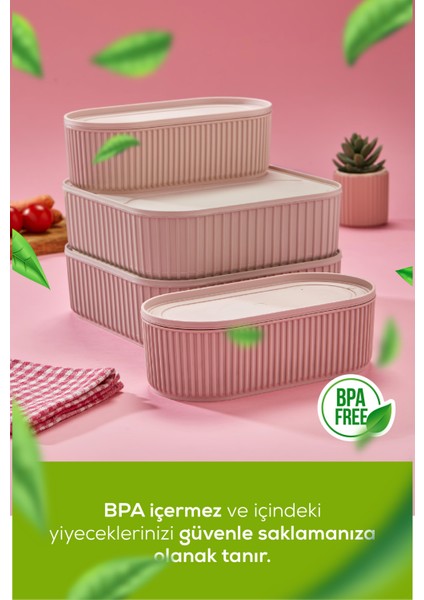 4 Adet Elastik Bantlı Istiflenebilir Pratik Saklama Kabı Seti 2X(1100 Ml) 2X(2600 Ml) Pembe