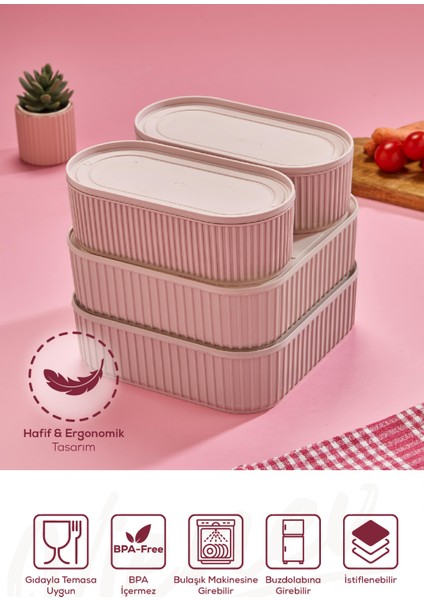 4 Adet Elastik Bantlı Istiflenebilir Pratik Saklama Kabı Seti 2X(1100 Ml) 2X(2600 Ml) Pembe