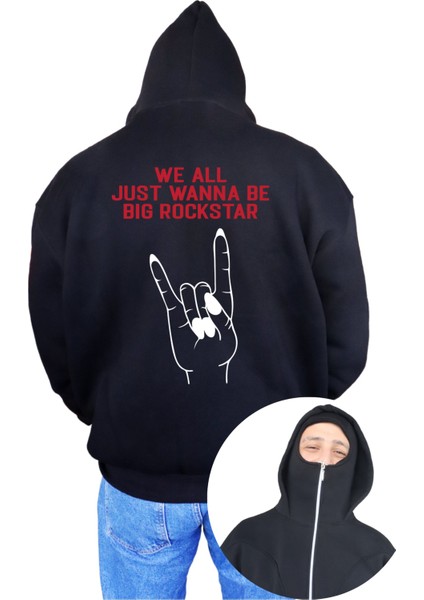 Rockstar Baskılı Kar Maskeli Fermuarlı Sweatshirt, Oversize 3 Iplik Şardonlu Kışlık Hırka