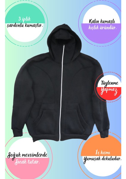 Rockstar Baskılı Kar Maskeli Fermuarlı Sweatshirt, Oversize 3 Iplik Şardonlu Kışlık Hırka fırsatları