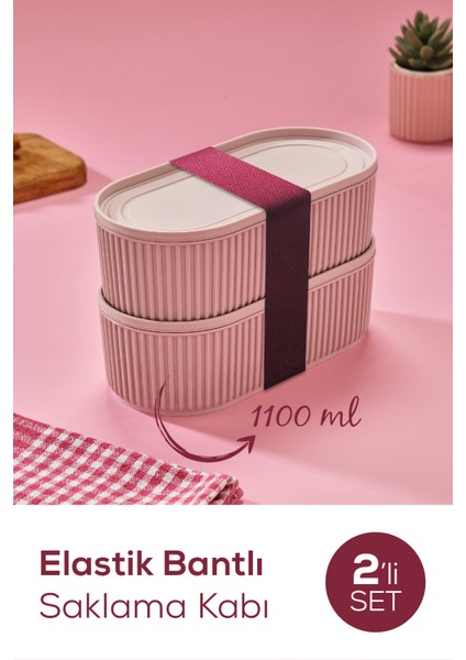 2 Adet Elastik Bantlı Istiflenebilir Pratik Saklama Kabı Seti 2X(1100 Ml) Pembe