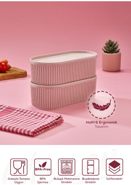 2 Adet Elastik Bantlı Istiflenebilir Pratik Saklama Kabı Seti 2X(1100 Ml) Pembe