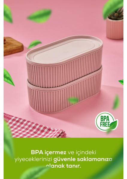 2 Adet Elastik Bantlı Istiflenebilir Pratik Saklama Kabı Seti 2X(1100 Ml) Pembe