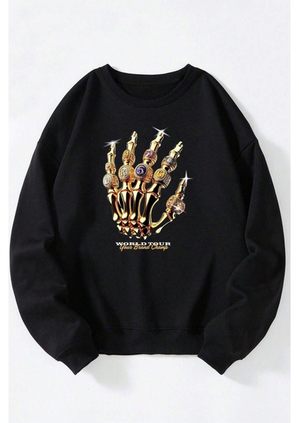 Kungfu Panda Real Warrior Baskılı Kadın/erkek Siyah Bisiklet Yaka Pamuklu Sweatshirt