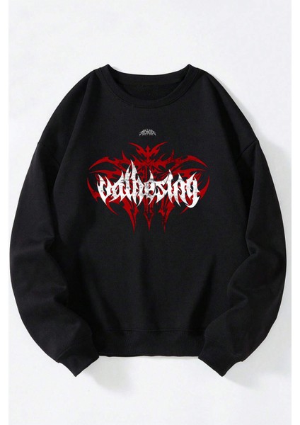 Dnrs Ay Baskılı Kadın/erkek Siyah Bisiklet Yaka Pamuklu Sweatshirt