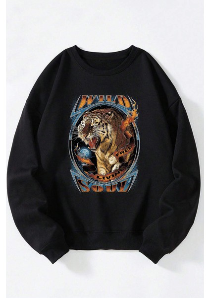 Escape Gül Baskılı Kadın/erkek Siyah Bisiklet Yaka Pamuklu Sweatshirt